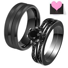 Couples His&Hers Stainless Steel Ring Set Cubic Zirconia Stacking Wedding Band picture