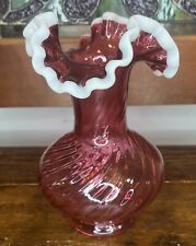 Fenton Glass Vase Spiral Twisted Swirl Cranberry Snow Crest Ruffled 7.5