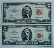 Set 2 Pcs 1953 and 1963 Two Dollar Bill Red Seal $2 Note XF picture