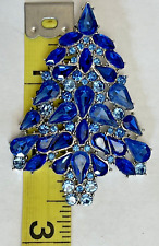 Vintage Royal Blue Christmas Tree Crystal Glass Rhinestone Brooch Pin Holiday picture