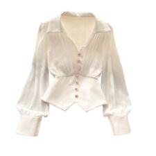 Women V-neck Crop Blouse Vintage Button Shirt Puff Retro Casual Elegant Top picture