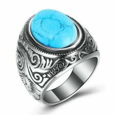 Vintage Native Indian Mens Oval Turquoise Ring Stainless Steel Size 7-15 Gift picture