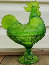 VINTAGE *KANAWHA GLASS* BRIGHT GREEN ROOSTER STANDING ON A LOG CANDY DISH picture