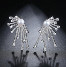 Classic Rare Round Pearls With Shiny Cubic Zirconia Cluster 925 Silver Earrings picture