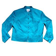 Vintage 80s Teal Turquoise Silk Lightweight Button Front Shoulder Pad Jacket picture