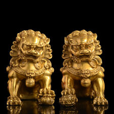 A Pair Feng Shui Chinese Bronze Lion Statue Copper Evil Guardian Door Fu Foo Dog picture