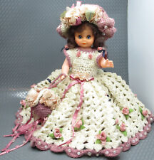 Vintage Crochet Bed Doll Rose Pink Cream Ribbons Hat Rooted Eyelashes Sleep Eyes picture
