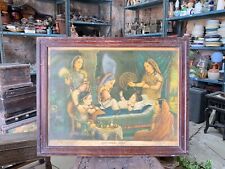 Vintage Lord Krishna Birth Old Hindu Religious Lithograph Print Wooden Framed picture