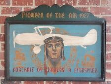 RARE Antique CHARLES LINDBERGH Air Pioneer AIRPLANE Painted FOLK ART Board SIGN  picture