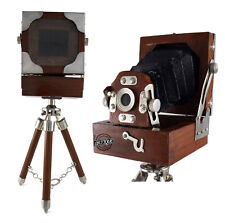 Vintage Old Film Camera with Wooden Tripod Stand Antique Style Tabletop Décor Ne picture