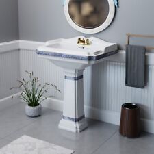 India Reserve Bathroom Pedestal Sink White Porcelain Blue and Gold picture