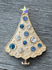 Christmas Tree Aqua Blue Crystal Rhinestone Brooch Pin Glass Vintage Gold Tone picture