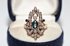 Vintage Circa 1960s 14k Gold Natural Diamond And Sapphire Decorated Navette Ring picture