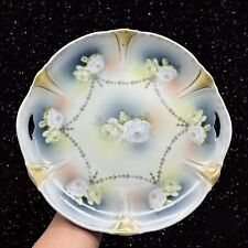 Antique Hand Painted Plate Porcelain Floral Double Handle Gold Specks 10”W picture