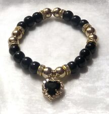 Black and Gold Elegant Style Beaded Bracelet with Black Heart Pendant Women’s Je picture