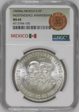 :1960-Mo S10-PESOS MEXICO INDEPENDENCE ANNIVERS KM#476 NGC MS-64 LOW-POP ~R-6 picture