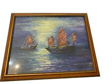 Vintage MCM Chinese Junk Framed oil painting boats Eula Cehan 1975 picture