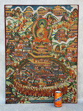 OLD ORIGINAL BUDDHA THANGKA PAINTING BUDDHIST BUDDHISM ASIAN ART VILLAGE LIFE picture