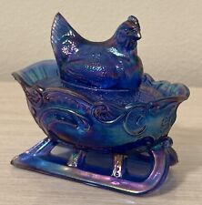 VINTAGE WESTMORELAND IRIDESCENT COBALT BLUE - HEN IN SLEIGH COVERED DISH picture