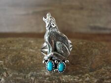 Navajo Sterling Silver Howling Wolf / Lobo Turquoise Ring Size 8 - Platero picture
