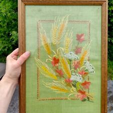 Vintage Golden Wheat & Flowers Crewel Framed Needlepoint Embroidery Retro Floral picture