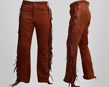 Men's Western Cowboy Brown Leather Suede Native American Buckskin Fringed Pants picture