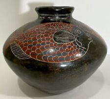 Very VTG Nicaraguan Folk Art Pottery Vase Etched Fish Redware 5.5” Black picture
