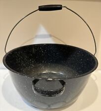 Antique Graniteware Black & White Large Pot w Wooden Handle 15” Diameter picture