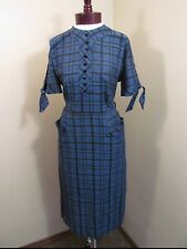 Vintage 1950s 1960s Kay Ashton  Blue With Black Plaid Sheath Dress Size Large picture