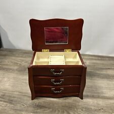Vintage Wood Jewelry Box Unmarked, Three Drawers And Top Layer. Beige Lining picture
