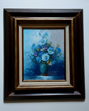 Vintage Signed Robert Cox Original oil painting Blue Daises bouquet picture