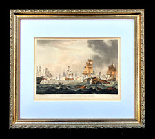 Antique British Naval Battle Original Strike Etching Maritime Watercolor Ships picture