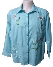CJ Banks Women's 1X Blouse Embroidered Floral Button Up Top Collared Long Sleeve picture