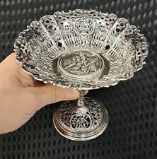 antique German 800 silver Compote tazza ornate repouse pierced picture
