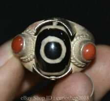 3 cm Old Chinese Silver Inlay Dzi Beads Red Gem Dynasty Flower finger Ring Rings picture