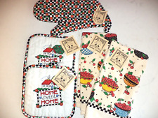 MARY ENGLEBREIT HOME SWEET HOME & CHERRIES  2 TOWELS, 2 POT HOLDERS  1 OVEN MITT picture