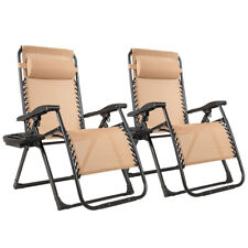 2PC Zero Gravity Chair Oversize Lounge Patio Heavy Duty Folding Recliner Beige picture