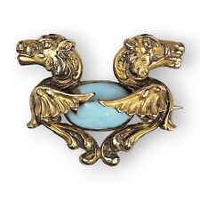 Antique Victorian Griffin Lion Brooch Gothic Revival Blue Stone Gold Filled FLAW picture