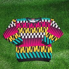 Vintage 80s Harlequin Check Striped Knitted Sweater Womens M Pink White Yellow picture