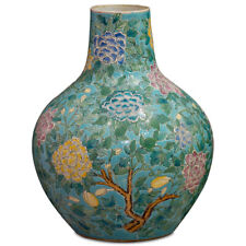 US Seller - Vintage Teal Blue Peony Flower Chinese Porcelain Temple Vase picture