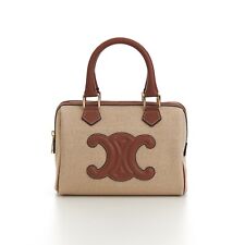 CELINE 2450$ Small Boston Cuir Triomphe In Natural Textile & Tan Brown Calfskin picture