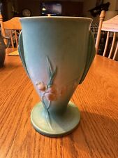 Vintage 1937 Roseville Pottery Green Ixia Pattern Flower Vase 854 7 Inch Tall picture