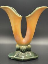 Vintage 1950s Hull Double Fluted Horned Vase #103 Orange And Green Novelty picture