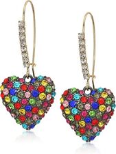 Betsey Johnson Stone Heart Dangle Earrings Rainbow Pave Stones Crystal Accents picture