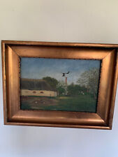Antique Danish? Framed Farmhouse Landscape Signed Oil on Canvas,Damaged Canvas, picture