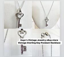 Vintage 925 Sterling Garnet Key Pendant Necklace 1/4” x 1 1/4” 18” picture