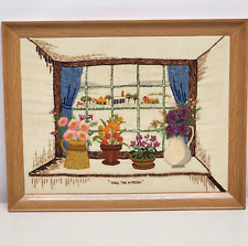 1970s Crewel Thur The Window Finished Framed Needlepoint Picture Vintage Yarn picture