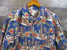 Hilo Hattie Hawaiian Shirt Mens 2XL Blue Floral Tiki Head Tribal Camp Button Up picture