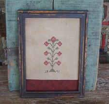 Primitive Cross Stitch in Rustic Painted & Aged Frame - HANDMADE picture