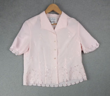 Vintage Lisa Josephs Size S Floral Embroidered Eyelet Top Semi Sheer Pink Shirt picture